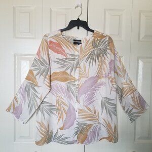 TAHARI 100% Linen Tropical Leaf Button Up Tunic Roll Tab Sleeve Womens Plus 1X
